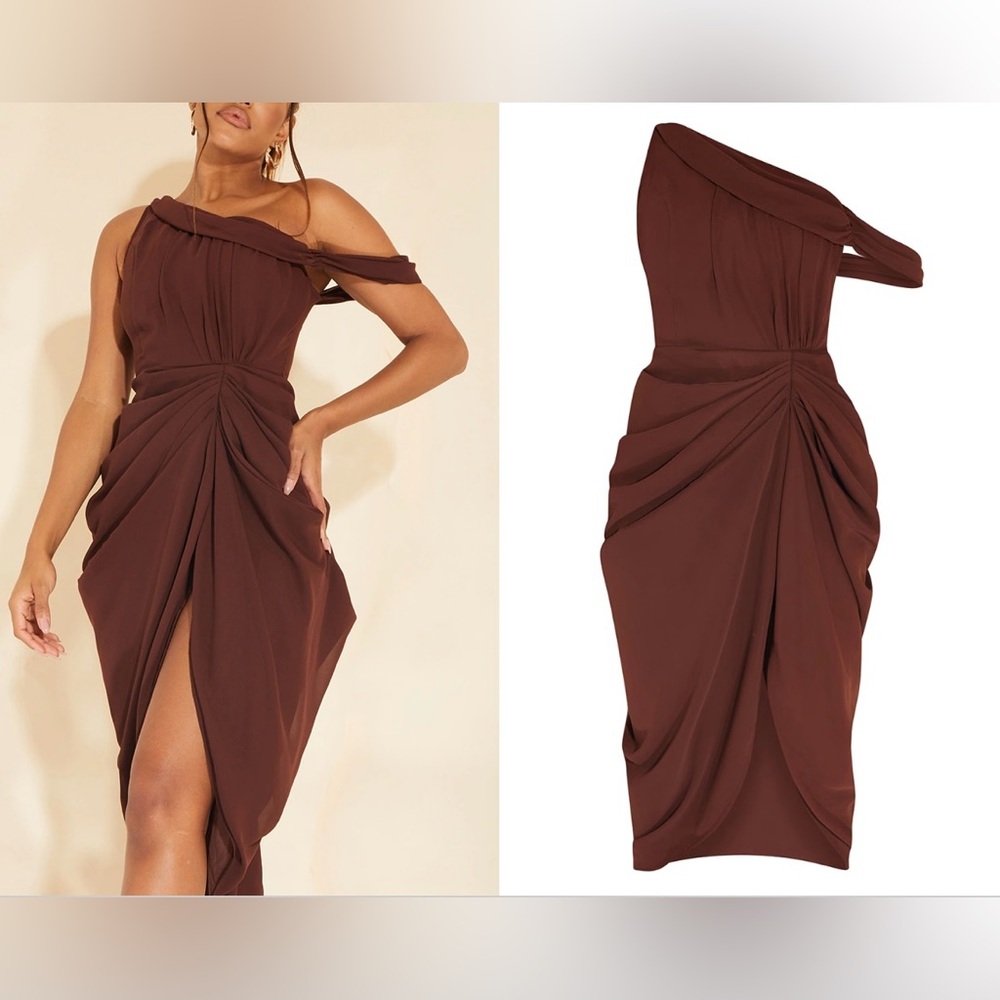 PrettyLittleThing brown off the shoulder dress